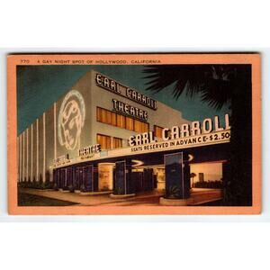 Earl Carroll Theatre Hollywood California Linen Postcard 1940s Unposted Vintage